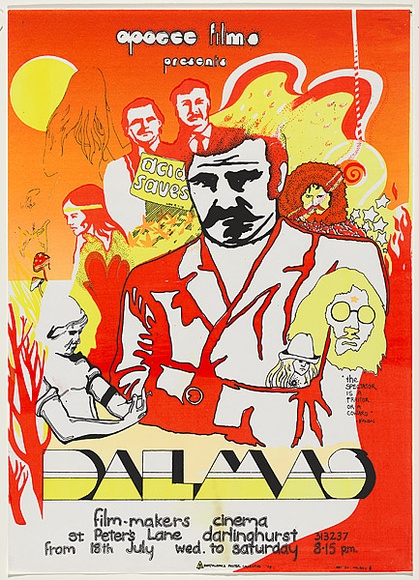Artist: b'Helen.' | Title: b'Dalmas, Film-makers cinema, Darlinghurst' | Date: 1973 | Technique: b'screenprint, printed in colour, from multiple stencils' Artist: b'Helen.' | Title: b'Dalmas, Film-makers cinema, Darlinghurst' | Date: 1973 | Technique: b'screenprint, printed in colour, from multiple stencils'