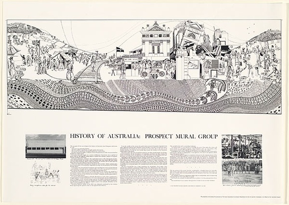 Artist: b'PROSPECT MURAL GROUP' | Title: b'History of Australia: Prospect Mural Group' | Date: 1982 | Technique: b'off-set lithograph, printed in black, from one plate' Artist: b'PROSPECT MURAL GROUP' | Title: b'History of Australia: Prospect Mural Group' | Date: 1982 | Technique: b'off-set lithograph, printed in black, from one plate'