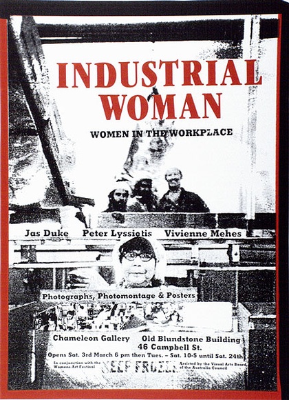 Artist: b'Forsyth, Christine.' | Title: b'Industrial woman: women in the workplace.' | Date: 1984 | Technique: b'screenprint, printed in colour, from two stencils' Artist: b'Forsyth, Christine.' | Title: b'Industrial woman: women in the workplace.' | Date: 1984 | Technique: b'screenprint, printed in colour, from two stencils'
