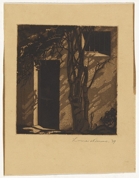 Artist: b'Nimmo, Lorna.' | Title: b'(Open doorway with tree in foreground)' | Date: 1939 | Technique: b'etching and aquatint printed in brown ink, from one copper plate,' Artist: b'Nimmo, Lorna.' | Title: b'(Open doorway with tree in foreground)' | Date: 1939 | Technique: b'etching and aquatint printed in brown ink, from one copper plate,'