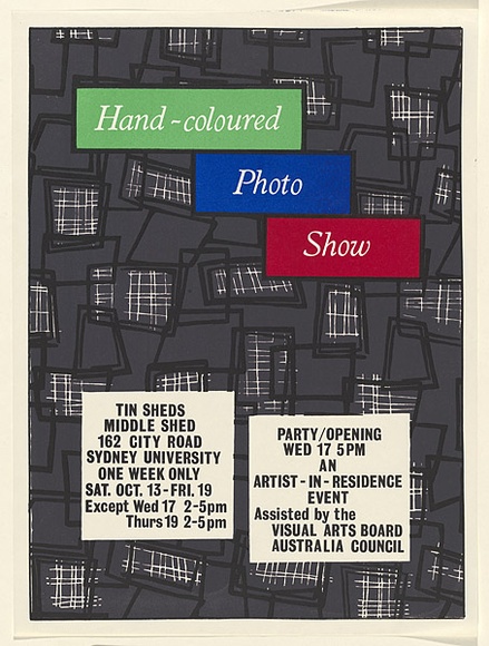 Artist: b'Allan, Micky.' | Title: b'Hand-coloured photo show. Tin Sheds...Party / Opening.' | Date: 1979 | Technique: b'screenprint, printed in colour, from four stencils' | Copyright: b'\xc2\xa9 Micky Allan. Licensed by VISCOPY, Australia' Artist: b'Allan, Micky.' | Title: b'Hand-coloured photo show. Tin Sheds...Party / Opening.' | Date: 1979 | Technique: b'screenprint, printed in colour, from four stencils' | Copyright: b'\xc2\xa9 Micky Allan. Licensed by VISCOPY, Australia'