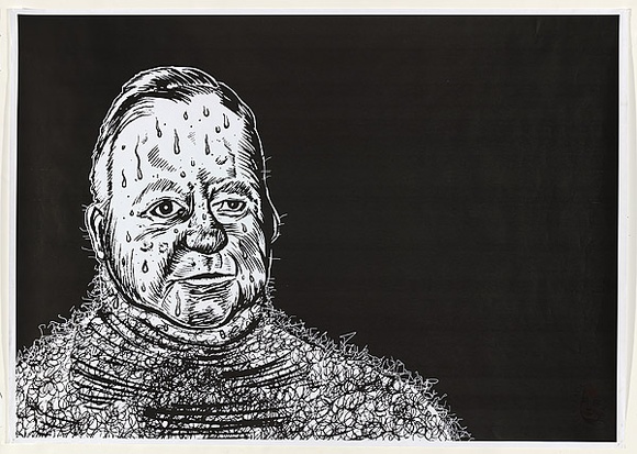 Artist: bO'Donnell, Aaron. | Title: b'Not titled [sweaty guy].' | Date: 2003 | Technique: b'photocopy, printed in dark red and black ink; red stamp'
