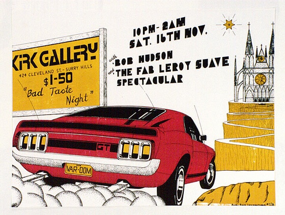 Artist: b'Poltorak, David.' | Title: b'Kirk Gallery, Bad Taste Night\'' | Technique: b'screenprint, printed in colour, from multiple stencils' Artist: b'Poltorak, David.' | Title: b'Kirk Gallery, Bad Taste Night\'' | Technique: b'screenprint, printed in colour, from multiple stencils'