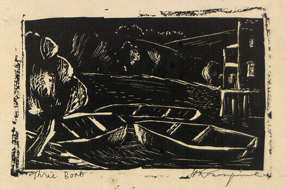 Artist: b'ROSENGRAVE, Harry' | Title: b'Three boats' | Date: 1955 | Technique: b'linocut, printed in black ink, from one block' Artist: b'ROSENGRAVE, Harry' | Title: b'Three boats' | Date: 1955 | Technique: b'linocut, printed in black ink, from one block'