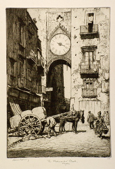 Artist: b'LINDSAY, Lionel' | Title: b'The fish market clock, Naples' | Date: 1938 | Technique: b'etching and aquatint, printed in brown ink, from one plate' | Copyright: b'Courtesy of the National Library of Australia' Artist: b'LINDSAY, Lionel' | Title: b'The fish market clock, Naples' | Date: 1938 | Technique: b'etching and aquatint, printed in brown ink, from one plate' | Copyright: b'Courtesy of the National Library of Australia'