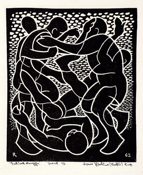 Artist: b'Hawkins, Weaver.' | Title: b'Football struggle' | Date: 1962 | Technique: b'linocut, printed in black ink, from one block' | Copyright: b'The Estate of H.F Weaver Hawkins' Artist: b'Hawkins, Weaver.' | Title: b'Football struggle' | Date: 1962 | Technique: b'linocut, printed in black ink, from one block' | Copyright: b'The Estate of H.F Weaver Hawkins'