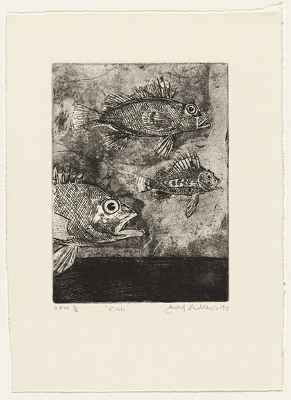 Artist: b'Andrews, Garry.' | Title: b'Fish' | Date: 1992, October | Technique: b'etching and aquatint, printed in black ink, from one plate' | Copyright: b'\xc2\xa9 Garry Andrews. Licensed by VISCOPY, Australia' Artist: b'Andrews, Garry.' | Title: b'Fish' | Date: 1992, October | Technique: b'etching and aquatint, printed in black ink, from one plate' | Copyright: b'\xc2\xa9 Garry Andrews. Licensed by VISCOPY, Australia'