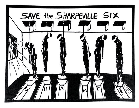 Artist: b'Gibb, Viva Jillian.' | Title: b'Save the Sharpeville six' | Date: 1988 | Technique: b'screenprint, printed in black ink, from one stencil' Artist: b'Gibb, Viva Jillian.' | Title: b'Save the Sharpeville six' | Date: 1988 | Technique: b'screenprint, printed in black ink, from one stencil'