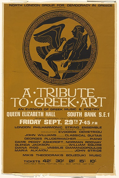 Title: b'A tribute to Greek art. An evening of Greek music & poetry. Queen Elizabeth Hall, South Bank.' | Date: c.1967 | Technique: b'screenprint, printed in colour, from two stencils' Title: b'A tribute to Greek art. An evening of Greek music & poetry. Queen Elizabeth Hall, South Bank.' | Date: c.1967 | Technique: b'screenprint, printed in colour, from two stencils'