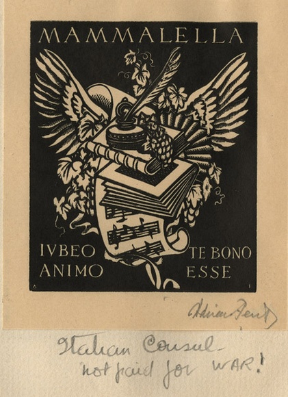 Artist: b'FEINT, Adrian' | Title: b'Bookplate: Mammalella.' | Date: (1938) | Technique: b'wood-engraving, printed in black ink, from one block' | Copyright: b'Courtesy the Estate of Adrian Feint' Artist: b'FEINT, Adrian' | Title: b'Bookplate: Mammalella.' | Date: (1938) | Technique: b'wood-engraving, printed in black ink, from one block' | Copyright: b'Courtesy the Estate of Adrian Feint'