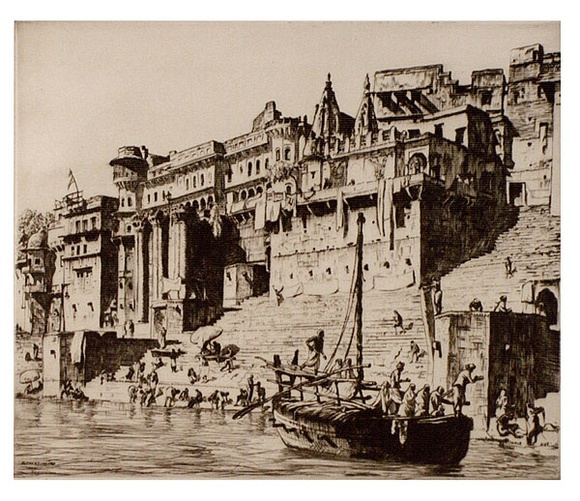 Artist: b'LINDSAY, Lionel' | Title: b'Palaces, Benares' | Date: 1930 | Technique: b'drypoint, printed in brown ink, from one plate' | Copyright: b'Courtesy of the National Library of Australia' Artist: b'LINDSAY, Lionel' | Title: b'Palaces, Benares' | Date: 1930 | Technique: b'drypoint, printed in brown ink, from one plate' | Copyright: b'Courtesy of the National Library of Australia'