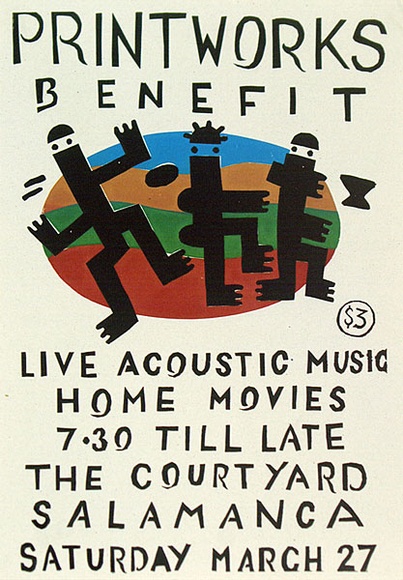 Artist: b'Scrivener, Julian.' | Title: b'Printworks benefit' | Date: 1993 | Technique: b'screenprint, printed in colour, from five stencils' Artist: b'Scrivener, Julian.' | Title: b'Printworks benefit' | Date: 1993 | Technique: b'screenprint, printed in colour, from five stencils'