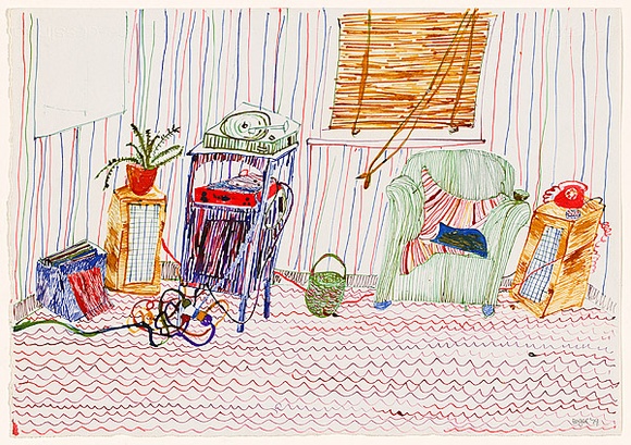 Artist: Eager, Helen. | Title: not titled [sitting room with green armchair] | Date: 1979 | Technique: drawing in coloured ink