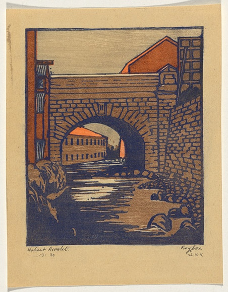 Artist: b'Cox, Roy.' | Title: b'Hobart rivulet.' | Date: c.1938 | Technique: b'linocut, printed in colour, from mutliple blocks' Artist: b'Cox, Roy.' | Title: b'Hobart rivulet.' | Date: c.1938 | Technique: b'linocut, printed in colour, from mutliple blocks'