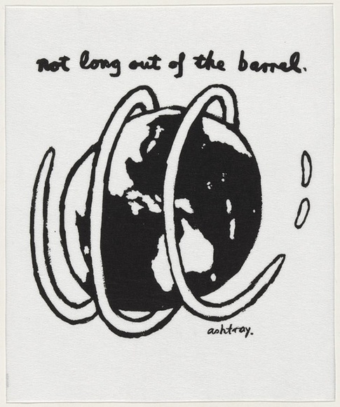 Artist: b'WORSTEAD, Paul' | Title: b'Not long out of the barrel' | Date: 1992 | Technique: b'screenprint, printed in black ink, from one stencil' | Copyright: b'This work appears on screen courtesy of the artist' Artist: b'WORSTEAD, Paul' | Title: b'Not long out of the barrel' | Date: 1992 | Technique: b'screenprint, printed in black ink, from one stencil' | Copyright: b'This work appears on screen courtesy of the artist'