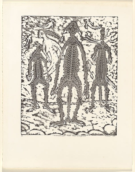 Title: b'Anthropomorphs midst rock arrangements' | Date: 1989 | Technique: b'linocut and caustic etching, printed in black ink, from one block' Title: b'Anthropomorphs midst rock arrangements' | Date: 1989 | Technique: b'linocut and caustic etching, printed in black ink, from one block'