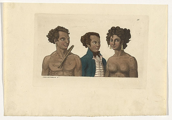 Artist: b'Bottigella, Carlo.' | Title: b'(Australian aborigines).' | Date: 1822 | Technique: b'etching, printed in black ink, from one copper plate; hand-coloured' Artist: b'Bottigella, Carlo.' | Title: b'(Australian aborigines).' | Date: 1822 | Technique: b'etching, printed in black ink, from one copper plate; hand-coloured'