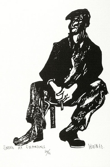 Artist: b'Lincoln, Kevin.' | Title: b'Smoko at Swansons' | Date: 1966 | Technique: b'woodcut, printed in black ink, from one block' | Copyright: b'\xc2\xa9 Kevin Lincoln. Licensed by VISCOPY, Australia' Artist: b'Lincoln, Kevin.' | Title: b'Smoko at Swansons' | Date: 1966 | Technique: b'woodcut, printed in black ink, from one block' | Copyright: b'\xc2\xa9 Kevin Lincoln. Licensed by VISCOPY, Australia'