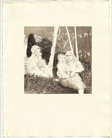 Artist: b'Symons, Suellen.' | Title: b'Guboo Ted and Anne Thomas at Mount Dromedary.' | Technique: b'etching, printed in black/brown ink, from one copper plate' | Copyright: b'\xc2\xa9 Suellen Symons' Artist: b'Symons, Suellen.' | Title: b'Guboo Ted and Anne Thomas at Mount Dromedary.' | Technique: b'etching, printed in black/brown ink, from one copper plate' | Copyright: b'\xc2\xa9 Suellen Symons'