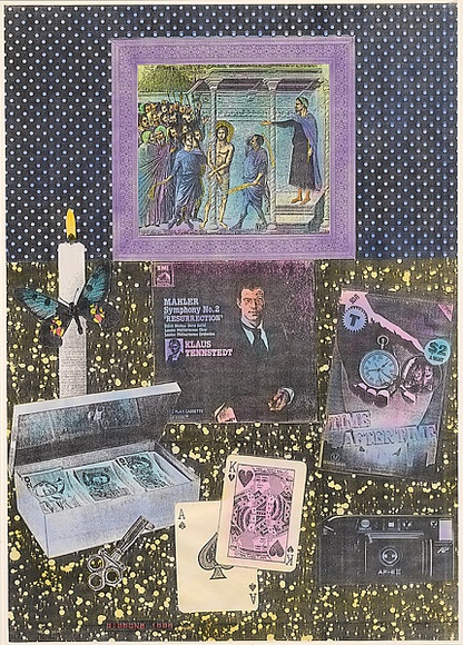 Title: b'Homage to Duccio 9: Flagellation' | Date: c.1989 | Technique: b'photocopy, printed in black ink, from collaged artwork; hand-coloured in aerosol paint' Title: b'Homage to Duccio 9: Flagellation' | Date: c.1989 | Technique: b'photocopy, printed in black ink, from collaged artwork; hand-coloured in aerosol paint'