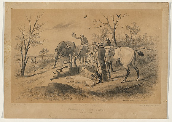 Title: b'Kangaroo Hunting No.3 - The death' | Date: 1858 | Technique: b'lithograph, printed in colour, from two stones (black image and text, buff tint stone)' Title: b'Kangaroo Hunting No.3 - The death' | Date: 1858 | Technique: b'lithograph, printed in colour, from two stones (black image and text, buff tint stone)'