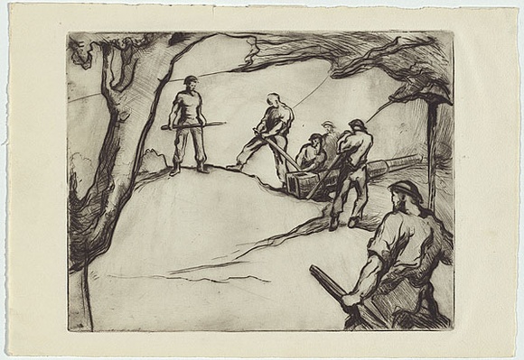 Artist: b'Dyson, Edward Ambrose.' | Title: b'(Moving a field gun barrel).' | Date: c.1942 | Technique: b'drypoint, printed in black ink with plate-tone, from one plate' Artist: b'Dyson, Edward Ambrose.' | Title: b'(Moving a field gun barrel).' | Date: c.1942 | Technique: b'drypoint, printed in black ink with plate-tone, from one plate'