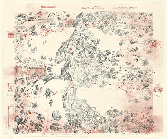 Artist: b'Wolseley, John.' | Title: b'Dunes climbing a mountain' | Date: 1992-93 | Technique: b'lithograph, printed colour, from two plates (black and red)' | Copyright: b'\xc2\xa9 John Wolseley. Licensed by VISCOPY, Australia' Artist: b'Wolseley, John.' | Title: b'Dunes climbing a mountain' | Date: 1992-93 | Technique: b'lithograph, printed colour, from two plates (black and red)' | Copyright: b'\xc2\xa9 John Wolseley. Licensed by VISCOPY, Australia'