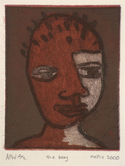 Artist: b'Gibson, Nellie.' | Title: b'The boy' | Date: 2000, November | Technique: b'etching, printed in colour, from three plates' Artist: b'Gibson, Nellie.' | Title: b'The boy' | Date: 2000, November | Technique: b'etching, printed in colour, from three plates'