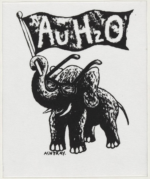 Artist: b'WORSTEAD, Paul' | Title: b'Au H20 (Elephant holding flag)' | Date: 1991 | Technique: b'screenprint, printed in black ink, from one stencil' | Copyright: b'This work appears on screen courtesy of the artist' Artist: b'WORSTEAD, Paul' | Title: b'Au H20 (Elephant holding flag)' | Date: 1991 | Technique: b'screenprint, printed in black ink, from one stencil' | Copyright: b'This work appears on screen courtesy of the artist'