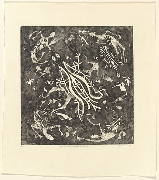 Title: b'Ancestral spirits and symbols of rock art' | Date: 1990 | Technique: b'etching and aquatint, printed in black ink, from one plate' Title: b'Ancestral spirits and symbols of rock art' | Date: 1990 | Technique: b'etching and aquatint, printed in black ink, from one plate'