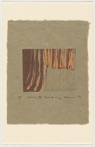 Artist: b'Cavanna, Claire.' | Title: b'Alluvia IV - feet of clay.' | Date: 1991 | Technique: b'woodcut, printed in colour, from multiple blocks' | Copyright: b'This work appears on screen courtesy of the artist and copyright holder' Artist: b'Cavanna, Claire.' | Title: b'Alluvia IV - feet of clay.' | Date: 1991 | Technique: b'woodcut, printed in colour, from multiple blocks' | Copyright: b'This work appears on screen courtesy of the artist and copyright holder'