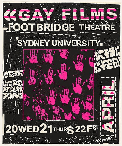 Artist: b'Soeterboek, Will.' | Title: b'Gay Films - Footbridge Theatre, Sydney University' | Date: 1983 | Technique: b'screenprint, printed in colour, from two stencils' Artist: b'Soeterboek, Will.' | Title: b'Gay Films - Footbridge Theatre, Sydney University' | Date: 1983 | Technique: b'screenprint, printed in colour, from two stencils'