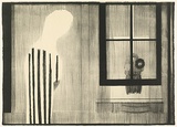 Title: not titled [figure viewing others through a window] | Date: 1970 | Technique: lithograph, printed in black ink, from one stone