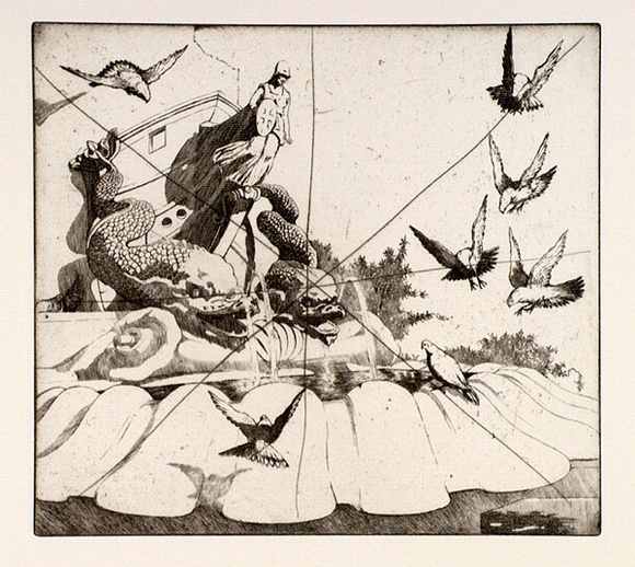 Artist: b'FEINT, Adrian' | Title: b'(Fountain with pigeons).' | Date: c.1922 | Technique: b'etching, printed in black ink, from one plate' | Copyright: b'Courtesy the Estate of Adrian Feint' Artist: b'FEINT, Adrian' | Title: b'(Fountain with pigeons).' | Date: c.1922 | Technique: b'etching, printed in black ink, from one plate' | Copyright: b'Courtesy the Estate of Adrian Feint'