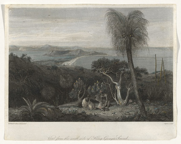 Title: bView from the south side of King George's Sound. | Date: 1814 | Technique: b'engraving, printed in black ink, from one copper plate; hand-coloured at a later date' Title: bView from the south side of King George's Sound. | Date: 1814 | Technique: b'engraving, printed in black ink, from one copper plate; hand-coloured at a later date'