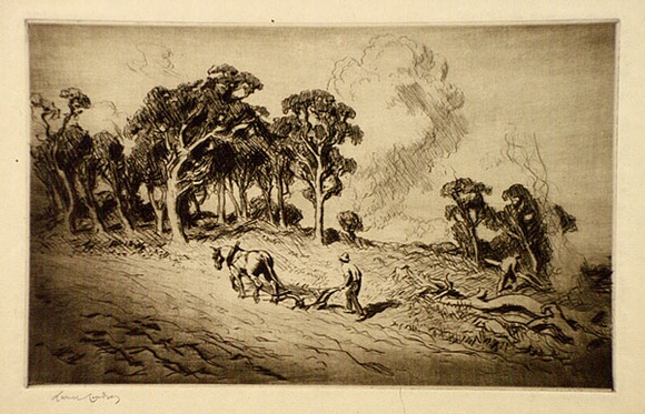 Artist: b'LINDSAY, Lionel' | Title: b'The first ploughing' | Date: 1918 | Technique: b'drypoint, printed in brown ink with plate-tone, from one plate' | Copyright: b'Courtesy of the National Library of Australia' Artist: b'LINDSAY, Lionel' | Title: b'The first ploughing' | Date: 1918 | Technique: b'drypoint, printed in brown ink with plate-tone, from one plate' | Copyright: b'Courtesy of the National Library of Australia'