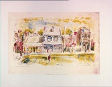 Artist: MACQUEEN, Mary | Title: Street scene, Carlton | Date: 1959 | Technique: lithograph, printed in colour, from five plates | Copyright: Courtesy Paulette Calhoun, for the estate of Mary Macqueen