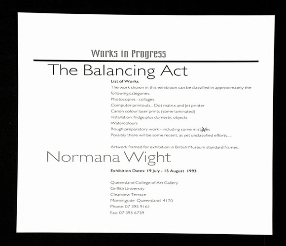 Title: b'The balancing act: catalogue booklet and list of works sheet in loose slipcase.' | Date: 1993 | Technique: b'screenprint' Title: b'The balancing act: catalogue booklet and list of works sheet in loose slipcase.' | Date: 1993 | Technique: b'screenprint'