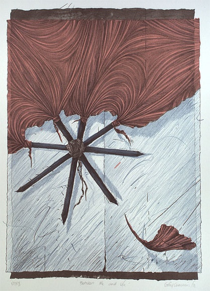 Artist: b'Cummins, Cathy.' | Title: b'Between me and life' | Date: 1984 | Technique: b'lithograph, printed in colour, from three stones' Artist: b'Cummins, Cathy.' | Title: b'Between me and life' | Date: 1984 | Technique: b'lithograph, printed in colour, from three stones'