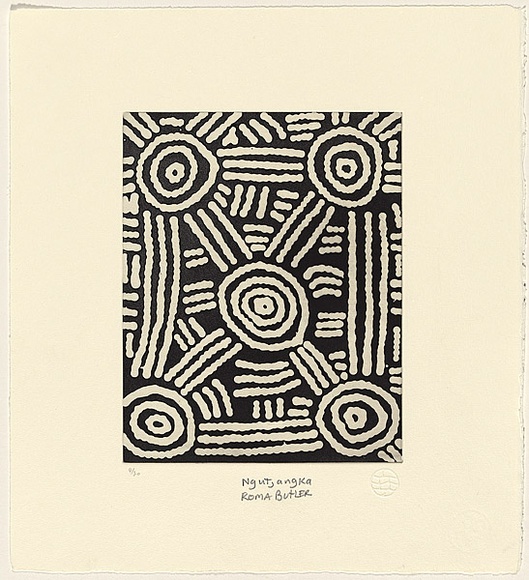 Artist: b'Butler, Roma Yanyakarri.' | Title: b'Tjintir-tjintirpa munu tjalpu-tjalpu (A lot of people sitting and listening)' | Date: 2004 | Technique: b'etching' Artist: b'Butler, Roma Yanyakarri.' | Title: b'Tjintir-tjintirpa munu tjalpu-tjalpu (A lot of people sitting and listening)' | Date: 2004 | Technique: b'etching'