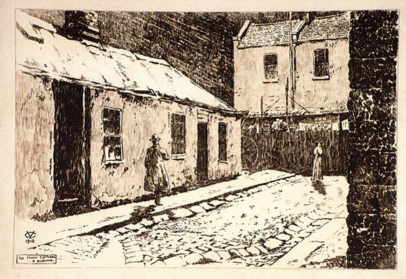 Artist: b'Cobb, Victor.' | Title: b'The oldest cottages - in Melbourne.' | Date: 1912 | Technique: b'etching and drypoint, printed in blrown ink, from one plate' Artist: b'Cobb, Victor.' | Title: b'The oldest cottages - in Melbourne.' | Date: 1912 | Technique: b'etching and drypoint, printed in blrown ink, from one plate'