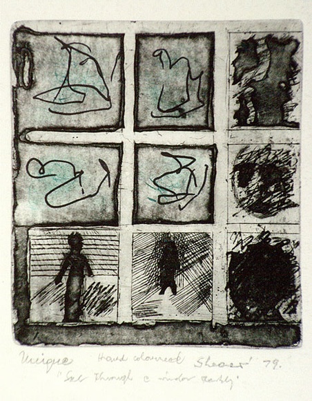 Artist: b'Shearer, Mitzi.' | Title: b'See through a window darkly' | Date: 1979 | Technique: b'etching and aquatint, printed in black ink, from one plate, hand-coloured'