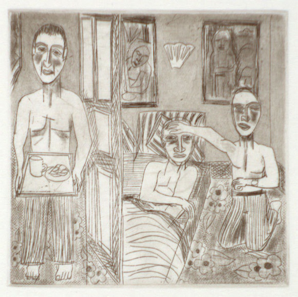 Artist: b'Harding, Richard.' | Title: b'The morning after the night before' | Date: 1991 | Technique: b'etching, printed in black ink, from one plate' Artist: b'Harding, Richard.' | Title: b'The morning after the night before' | Date: 1991 | Technique: b'etching, printed in black ink, from one plate'