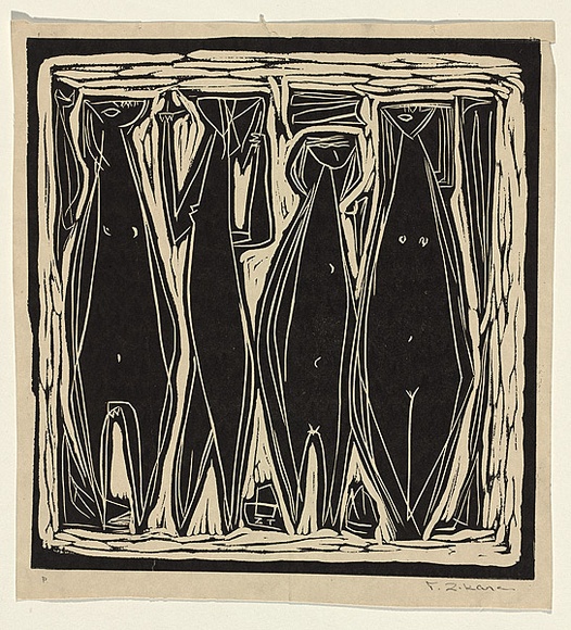 Title: b'not titled [four elongated women]' | Date: c. 1955 | Technique: b'linocut, printed in black ink, from one block'