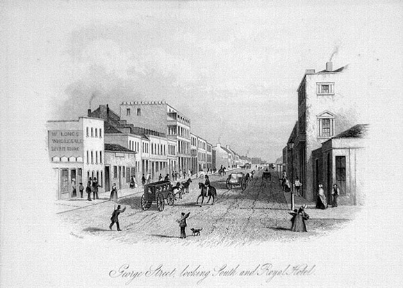 Artist: b'Terry, F.C.' | Title: b'George Street looking South and Royal Hotel' | Date: 1855 | Technique: b'engraving, printed in black ink, from one steel plate' Artist: b'Terry, F.C.' | Title: b'George Street looking South and Royal Hotel' | Date: 1855 | Technique: b'engraving, printed in black ink, from one steel plate'