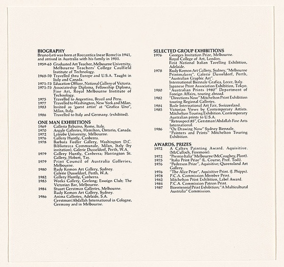 Title: b'CV part 1 in Bruno Leti: Landscapes, memories and fantasies' | Date: 1987 | Technique: b'offset-lithograph, printed in black ink, from one plate' Title: b'CV part 1 in Bruno Leti: Landscapes, memories and fantasies' | Date: 1987 | Technique: b'offset-lithograph, printed in black ink, from one plate'