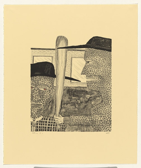 Artist: b'Hay, Bill.' | Title: b'Baseball boys' | Date: 1992, April - May | Technique: b'lithograph, printed in black ink, from one stone; handcoloured' Artist: b'Hay, Bill.' | Title: b'Baseball boys' | Date: 1992, April - May | Technique: b'lithograph, printed in black ink, from one stone; handcoloured'