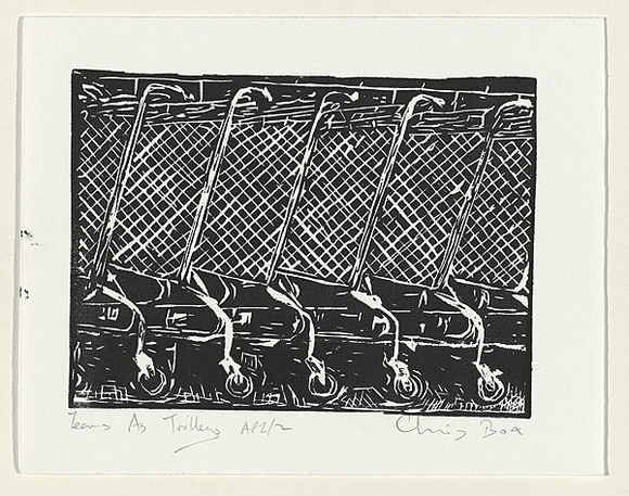 Artist: b'Box, Chris' | Title: b'Years as trolleys' | Date: 1999, November | Technique: b'linocut, printed in black ink, from one block' Artist: b'Box, Chris' | Title: b'Years as trolleys' | Date: 1999, November | Technique: b'linocut, printed in black ink, from one block'