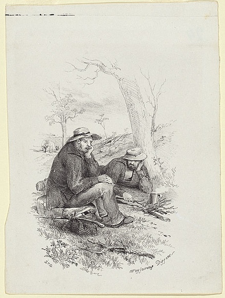 Artist: b'GILL, S.T.' | Title: b'Wayfaring diggers' | Date: 1852 | Technique: b'lithograph, printed in black ink, from one stone' Artist: b'GILL, S.T.' | Title: b'Wayfaring diggers' | Date: 1852 | Technique: b'lithograph, printed in black ink, from one stone'