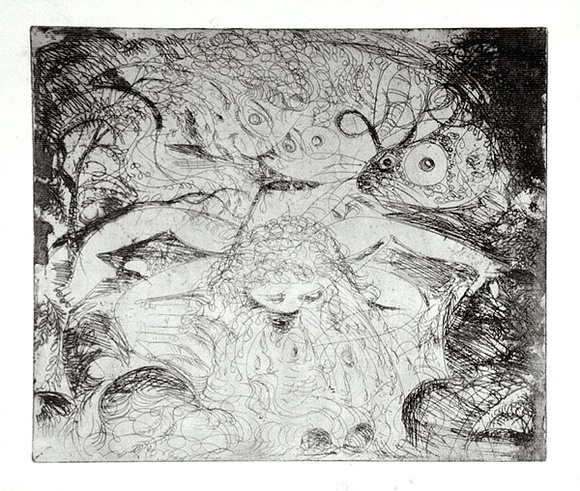 Artist: b'BOYD, Arthur' | Title: bNude washing in a creek with watching head and ram's head. | Date: (1962-63) | Technique: b'etching, printed in black ink, from one plate' | Copyright: b'Reproduced with permission of Bundanon Trust' Artist: b'BOYD, Arthur' | Title: bNude washing in a creek with watching head and ram's head. | Date: (1962-63) | Technique: b'etching, printed in black ink, from one plate' | Copyright: b'Reproduced with permission of Bundanon Trust'